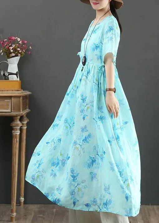 100% o neck Cinched linen summer dresses design blue print Dresses