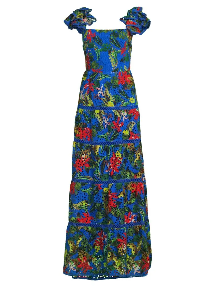 Alice   Olivia Tawny Floral Eyelet Tiered Maxi Dress color Tropical Sun