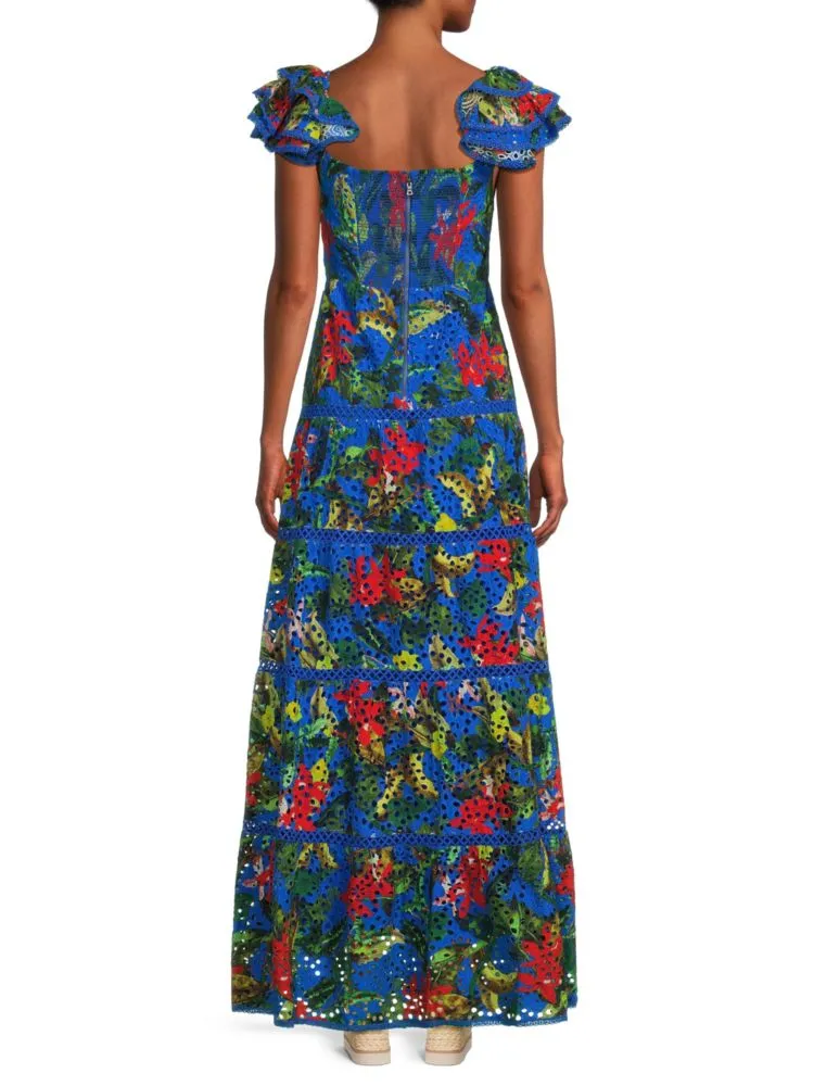 Alice   Olivia Tawny Floral Eyelet Tiered Maxi Dress color Tropical Sun