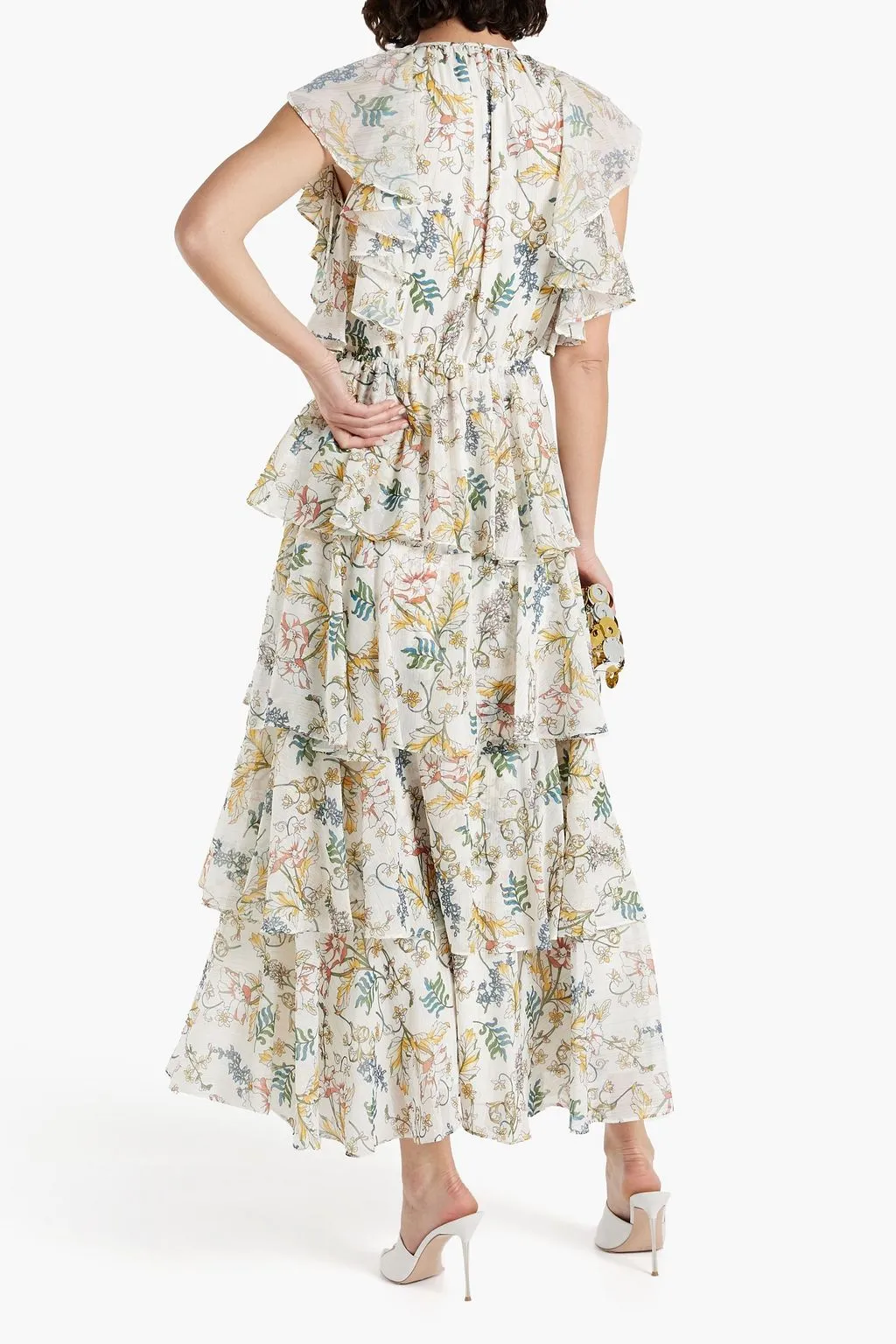 AMUR Crepe De Chine Floral Tiered Maxi Dress, Yellow