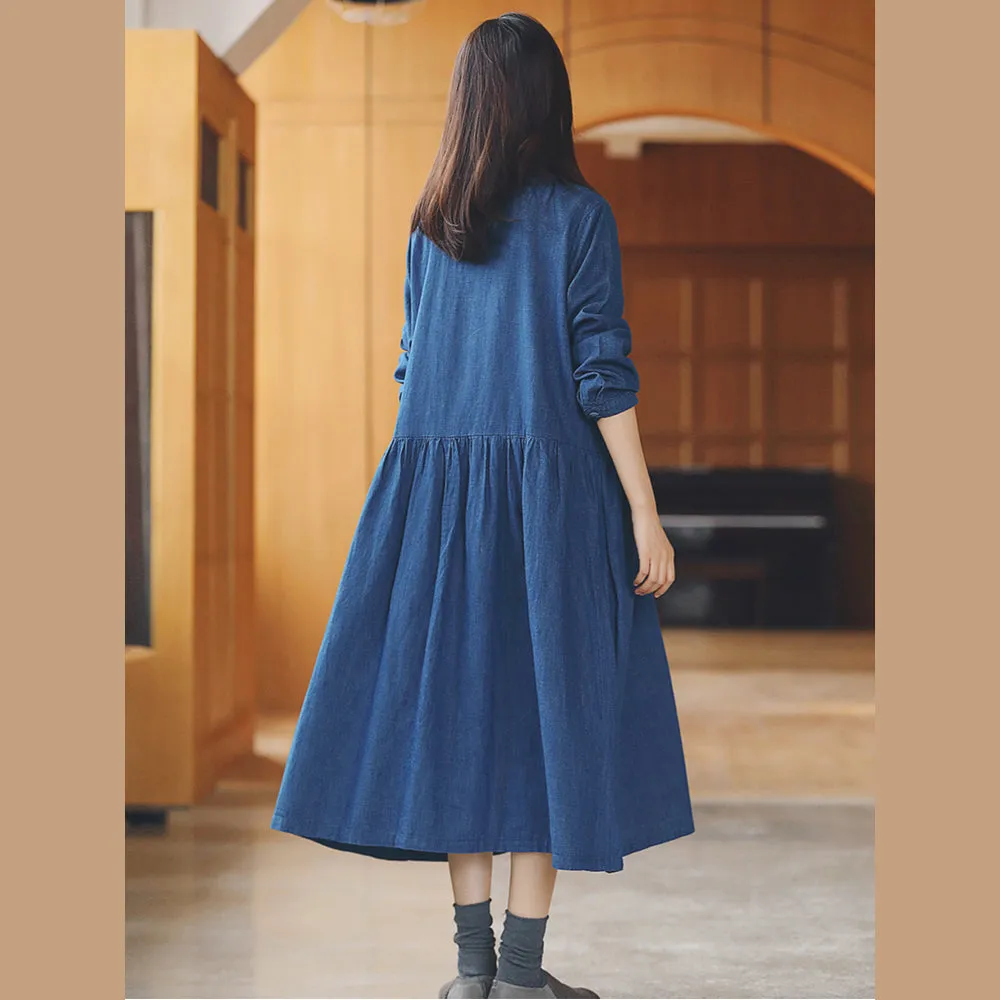 baggy denim blue long cotton linen dresses casual Turn-down Collar tie waist traveling dress fine long sleeve baggy dresses