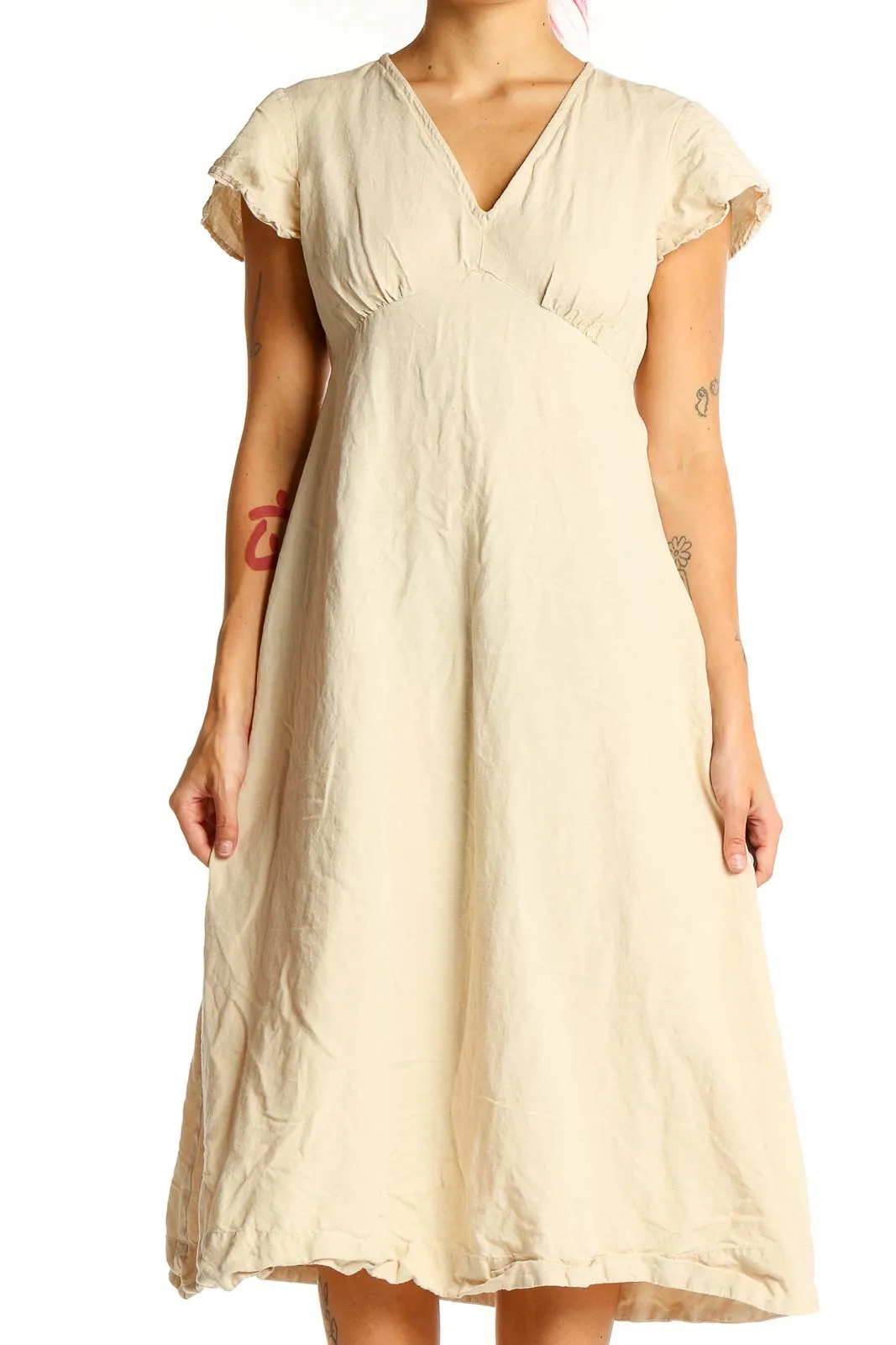 Beige V-Neck Midi Dress with Frayed Edges