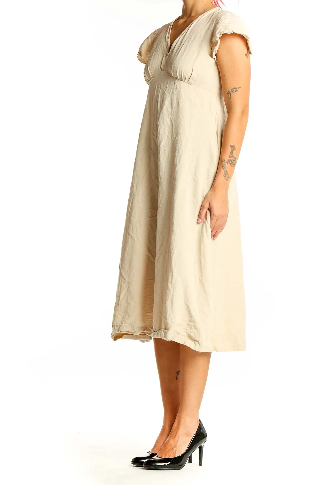 Beige V-Neck Midi Dress with Frayed Edges