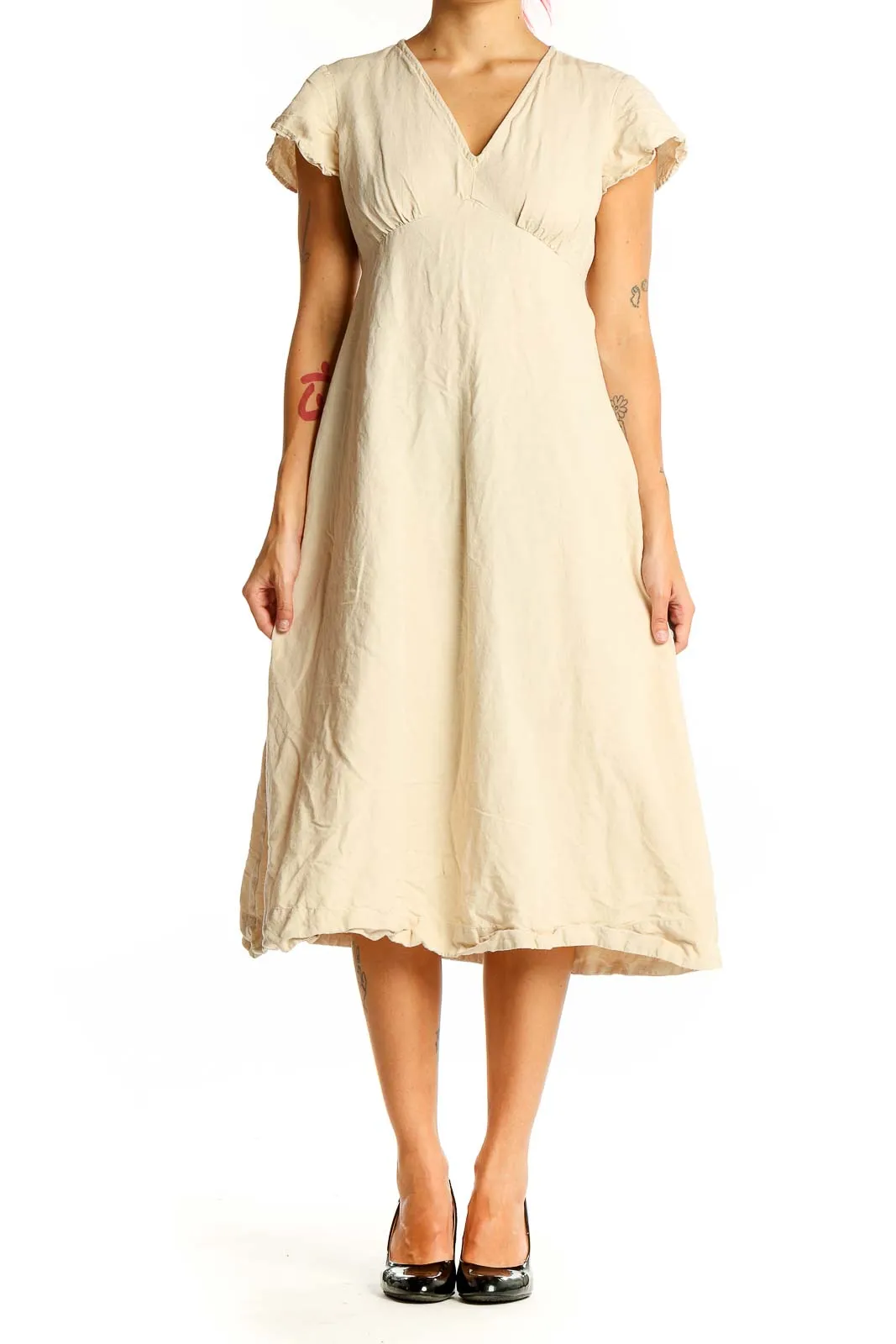 Beige V-Neck Midi Dress with Frayed Edges