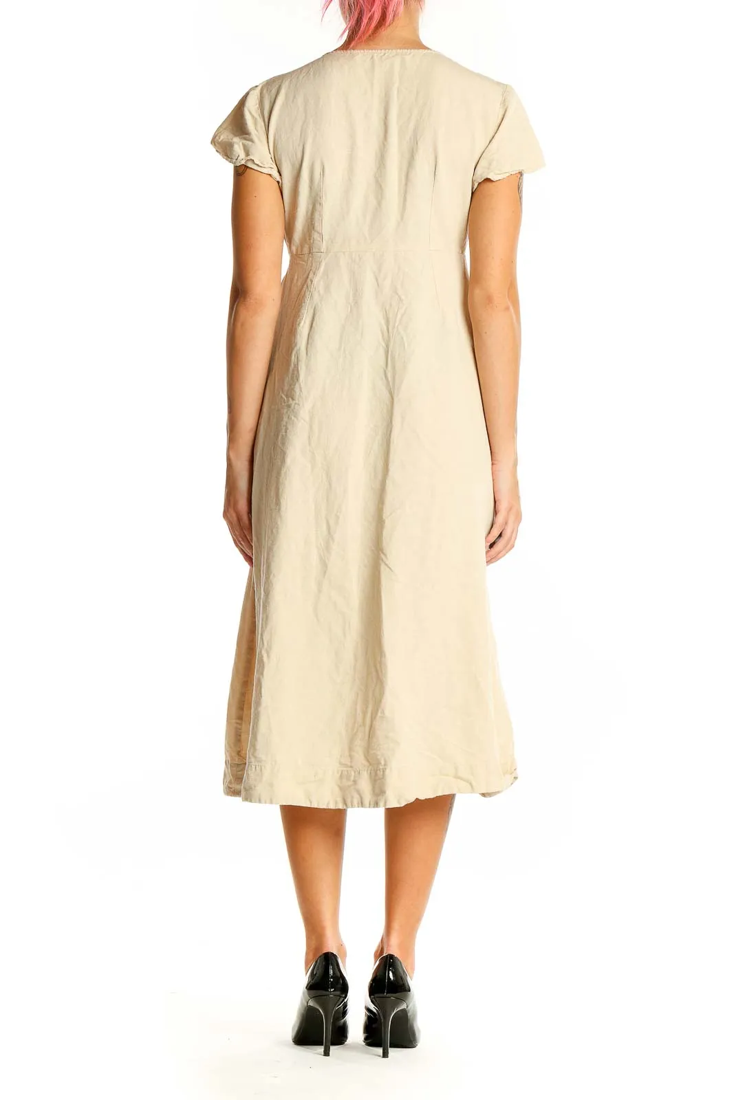 Beige V-Neck Midi Dress with Frayed Edges