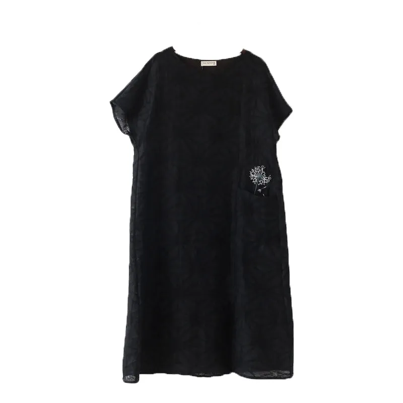 Black Loose Fitting Linen Women Dresses Summer Casual Embroidery Women Dresses AMT96214