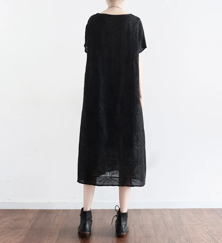 Black Loose Fitting Linen Women Dresses Summer Casual Embroidery Women Dresses AMT96214