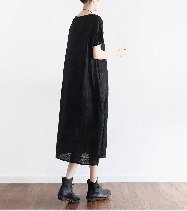 Black Loose Fitting Linen Women Dresses Summer Casual Embroidery Women Dresses AMT96214