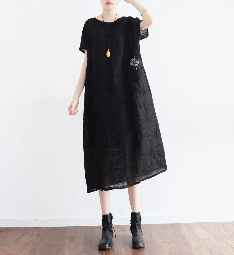 Black Loose Fitting Linen Women Dresses Summer Casual Embroidery Women Dresses AMT96214