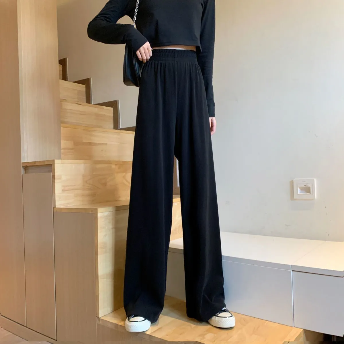 Black Pants Women Loose Trendy Summer Drape Wide Leg Straight Slim-Look Casual Pants