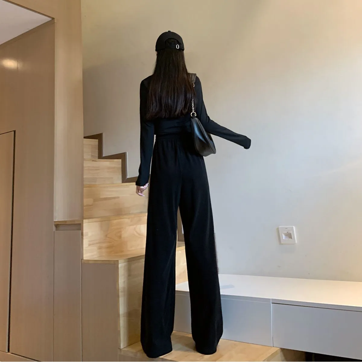 Black Pants Women Loose Trendy Summer Drape Wide Leg Straight Slim-Look Casual Pants