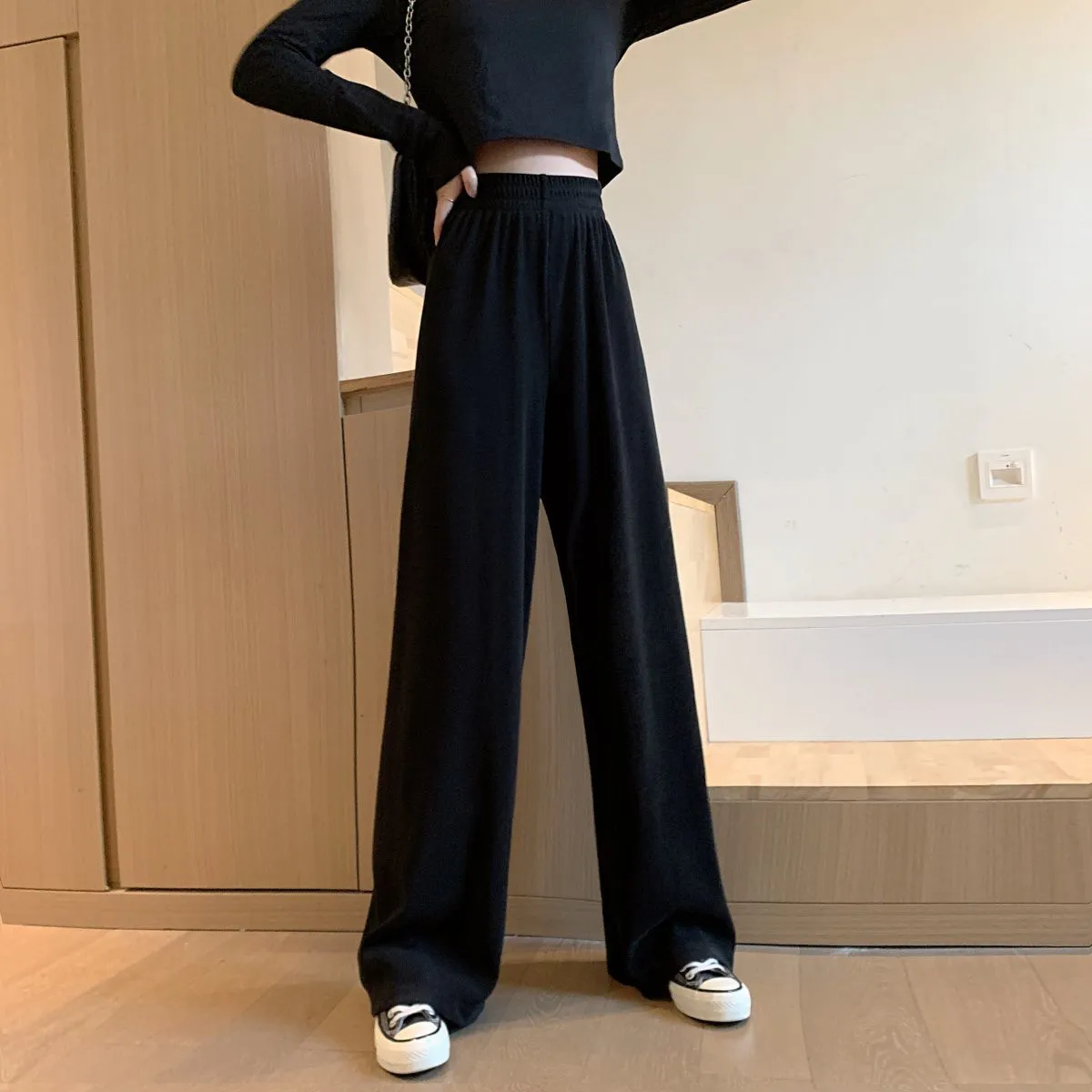 Black Pants Women Loose Trendy Summer Drape Wide Leg Straight Slim-Look Casual Pants