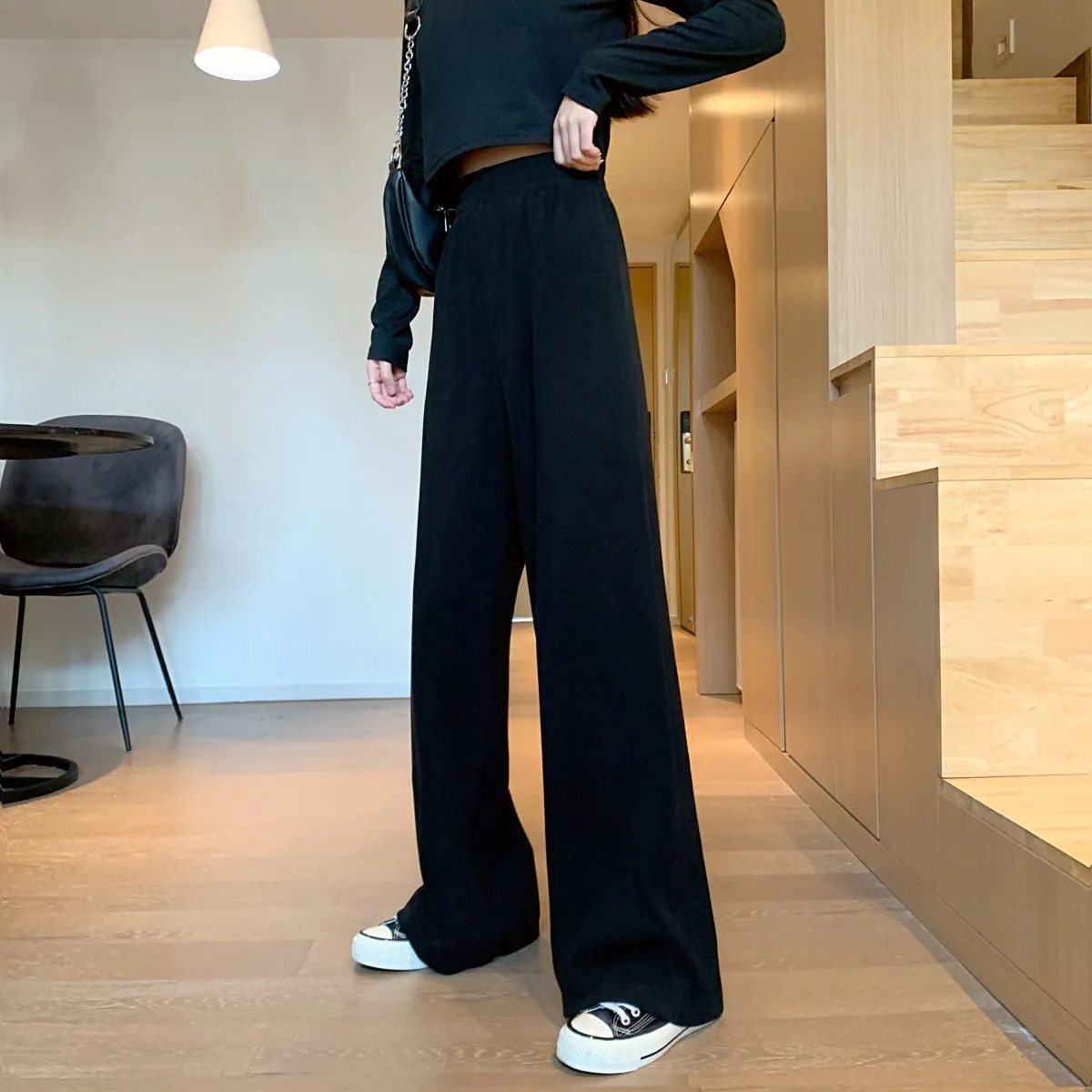 Black Pants Women Loose Trendy Summer Drape Wide Leg Straight Slim-Look Casual Pants