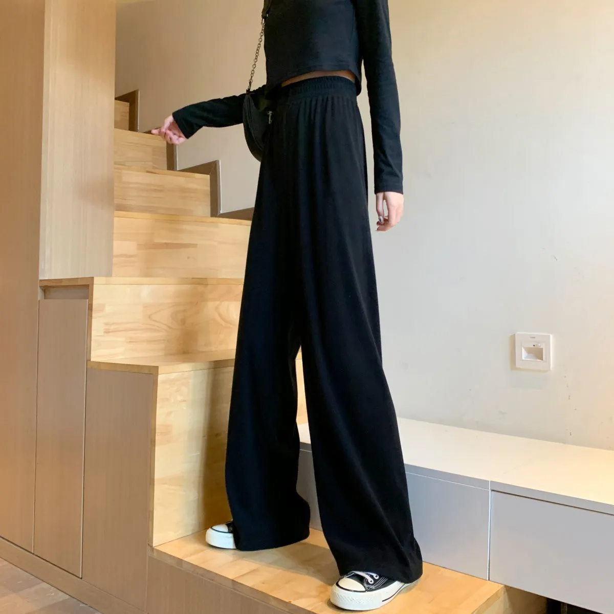 Black Pants Women Loose Trendy Summer Drape Wide Leg Straight Slim-Look Casual Pants