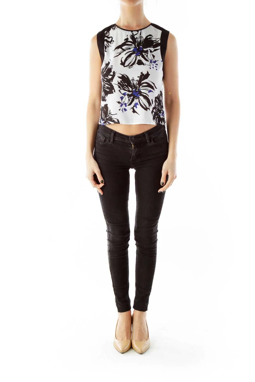 Black White Blue Flower Print Cropped Tank Top