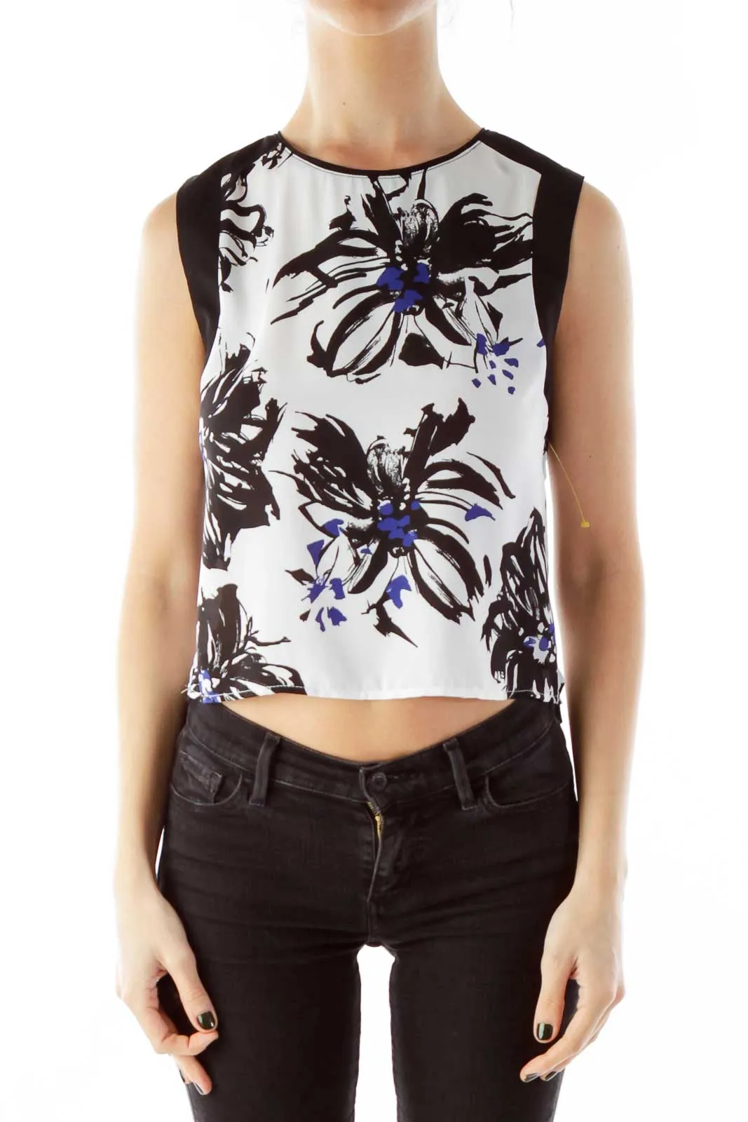 Black White Blue Flower Print Cropped Tank Top