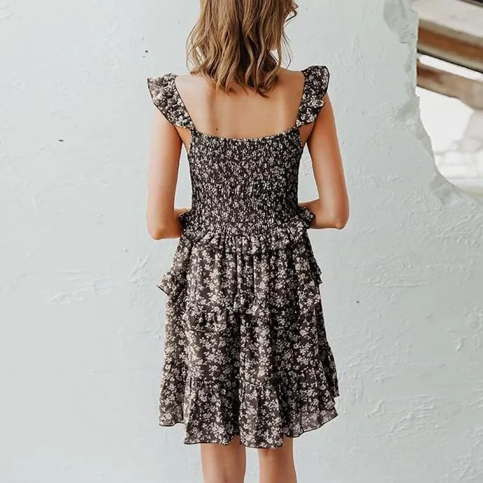 Boho Floral Print High-Waist Sleeveless Ruffled Sundress