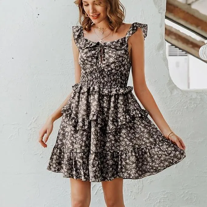 Boho Floral Print High-Waist Sleeveless Ruffled Sundress