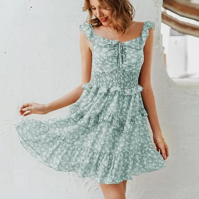 Boho Floral Print High-Waist Sleeveless Ruffled Sundress