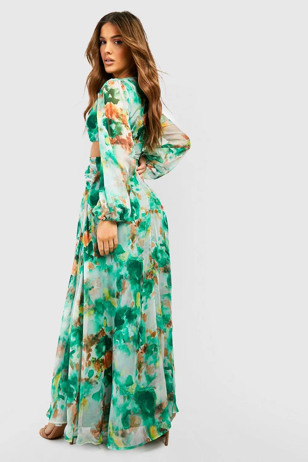 Boohoo Floral Chiffon Cutout Maxi Dress Green