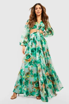 Boohoo Floral Chiffon Cutout Maxi Dress Green