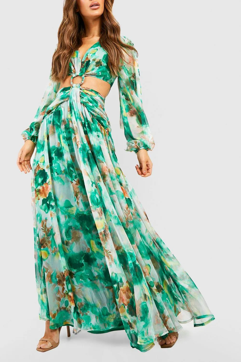 Boohoo Floral Chiffon Cutout Maxi Dress Green