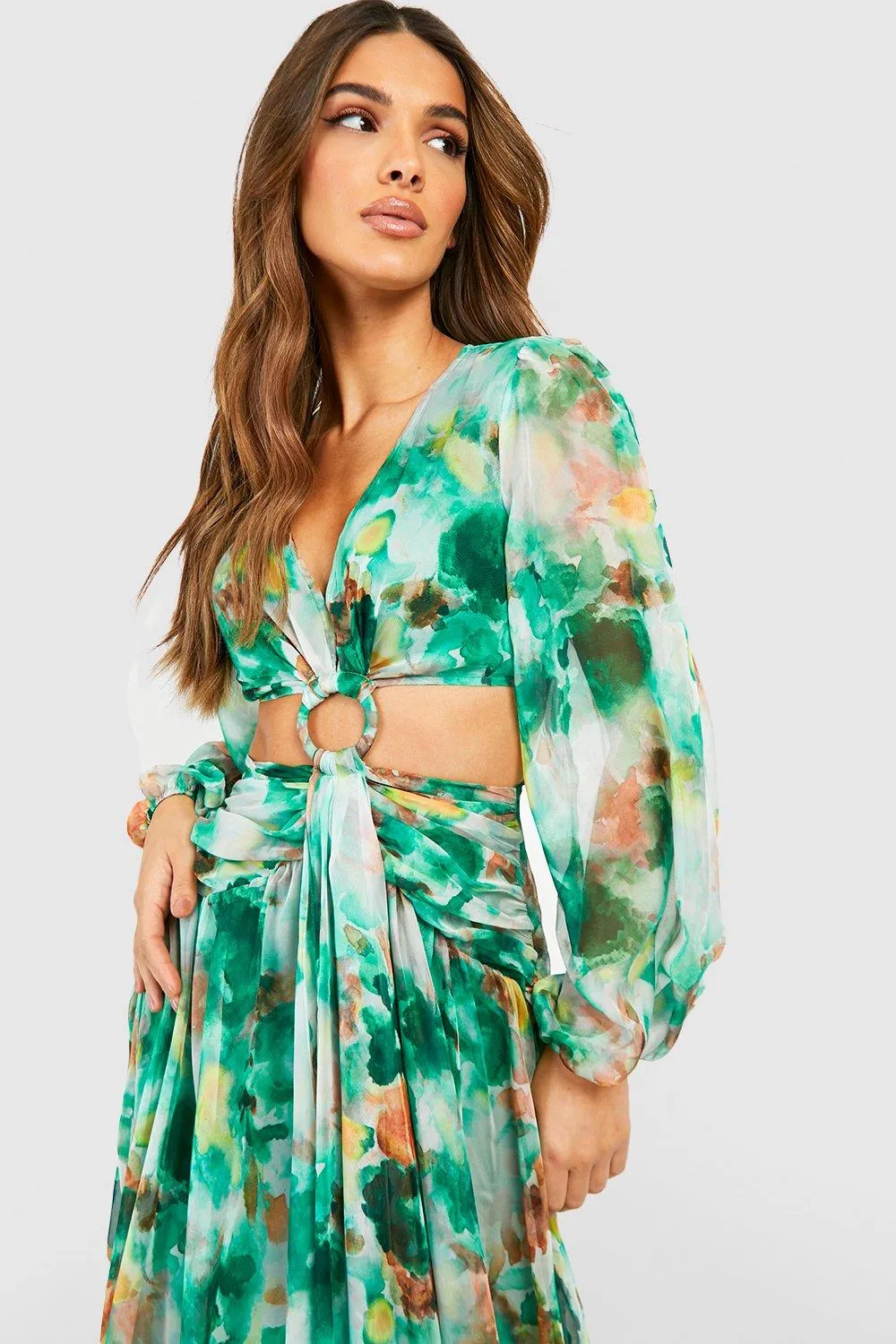 Boohoo Floral Chiffon Cutout Maxi Dress Green