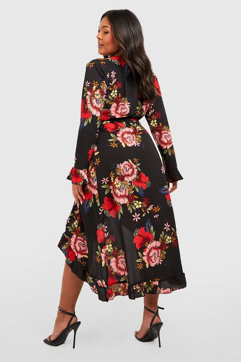 Boohoo Floral Plus Wrap Midi Dress, Black