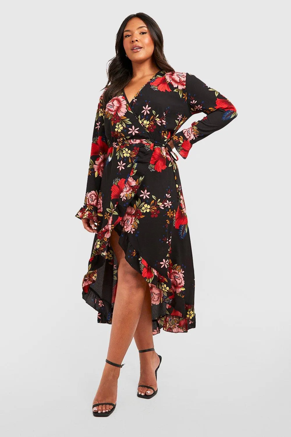 Boohoo Floral Plus Wrap Midi Dress, Black