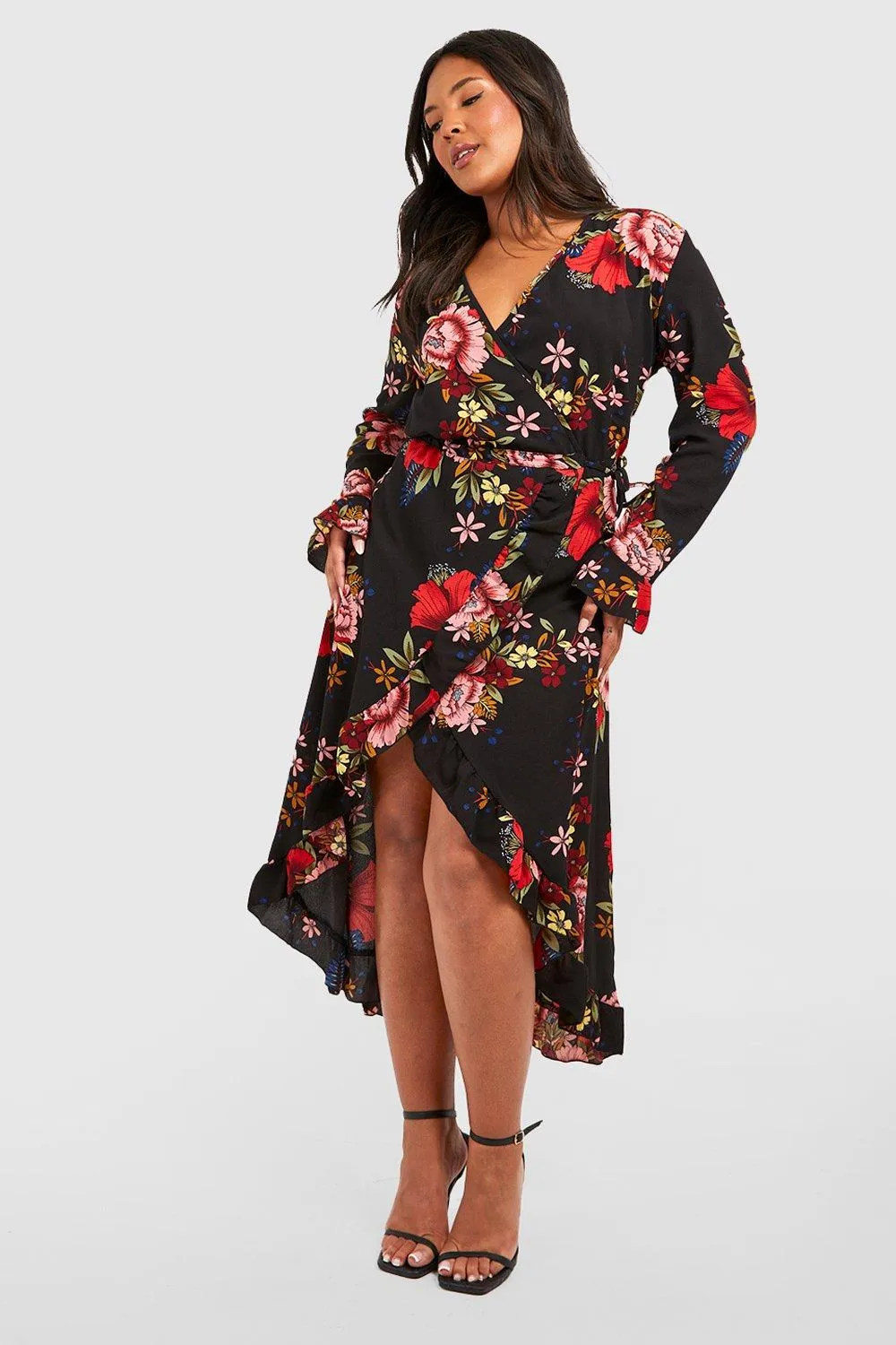 Boohoo Floral Plus Wrap Midi Dress, Black