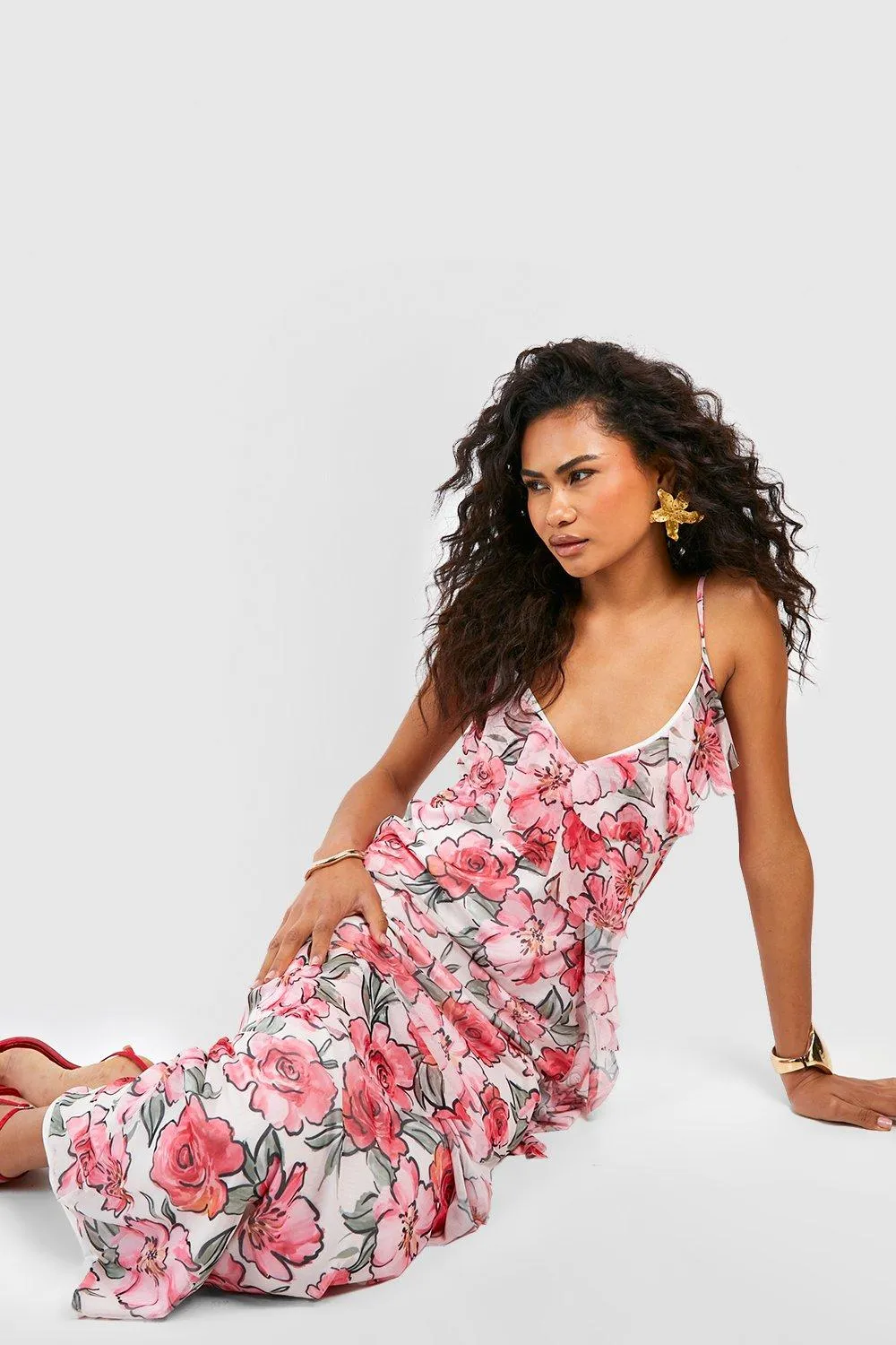 Boohoo Floral Ruffle Maxi Dress, Pink