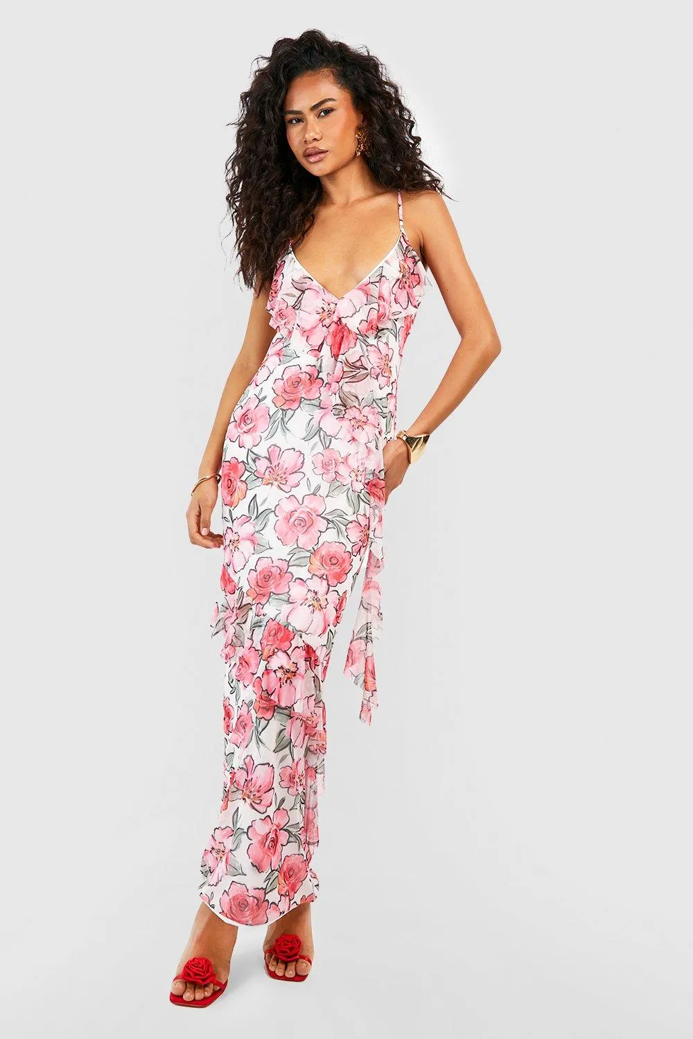 Boohoo Floral Ruffle Maxi Dress, Pink