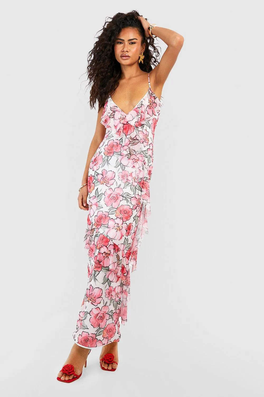 Boohoo Floral Ruffle Maxi Dress, Pink