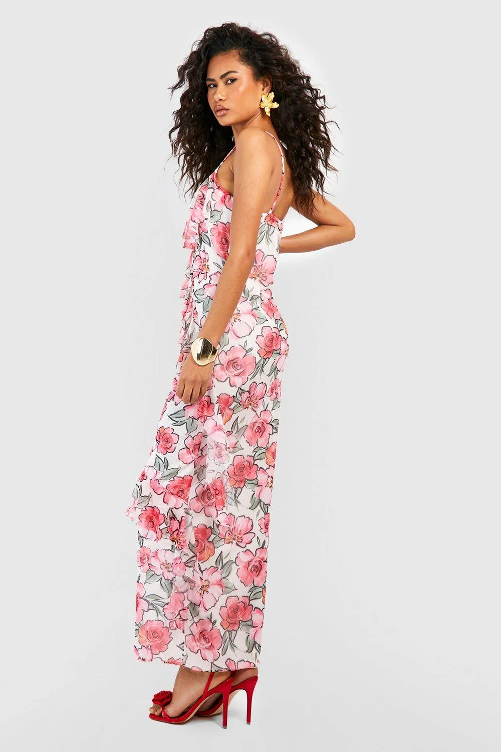 Boohoo Floral Ruffle Maxi Dress, Pink