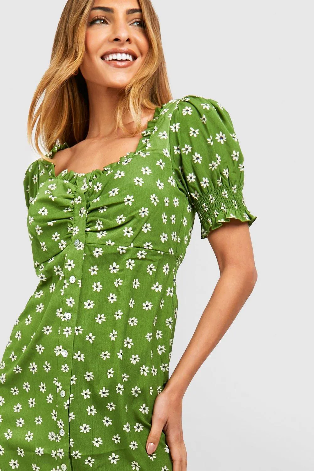 Boohoo Floral Sleeve Sundress, Green