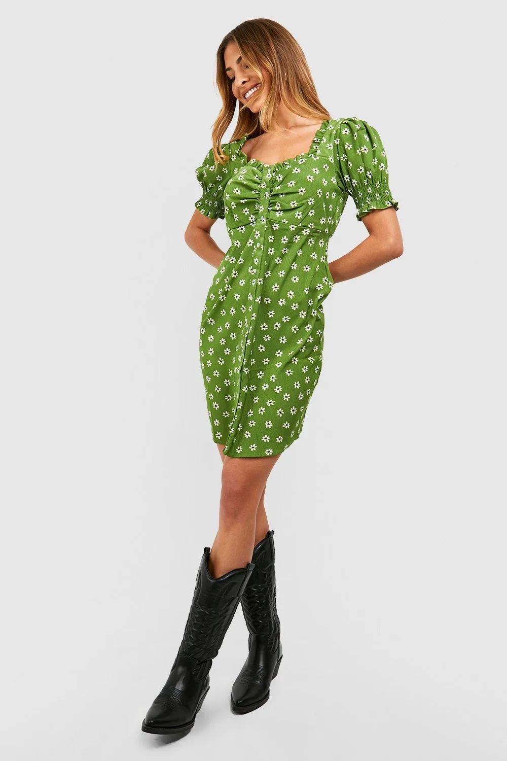 Boohoo Floral Sleeve Sundress, Green