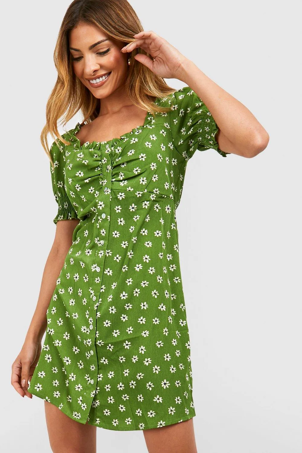 Boohoo Floral Sleeve Sundress, Green