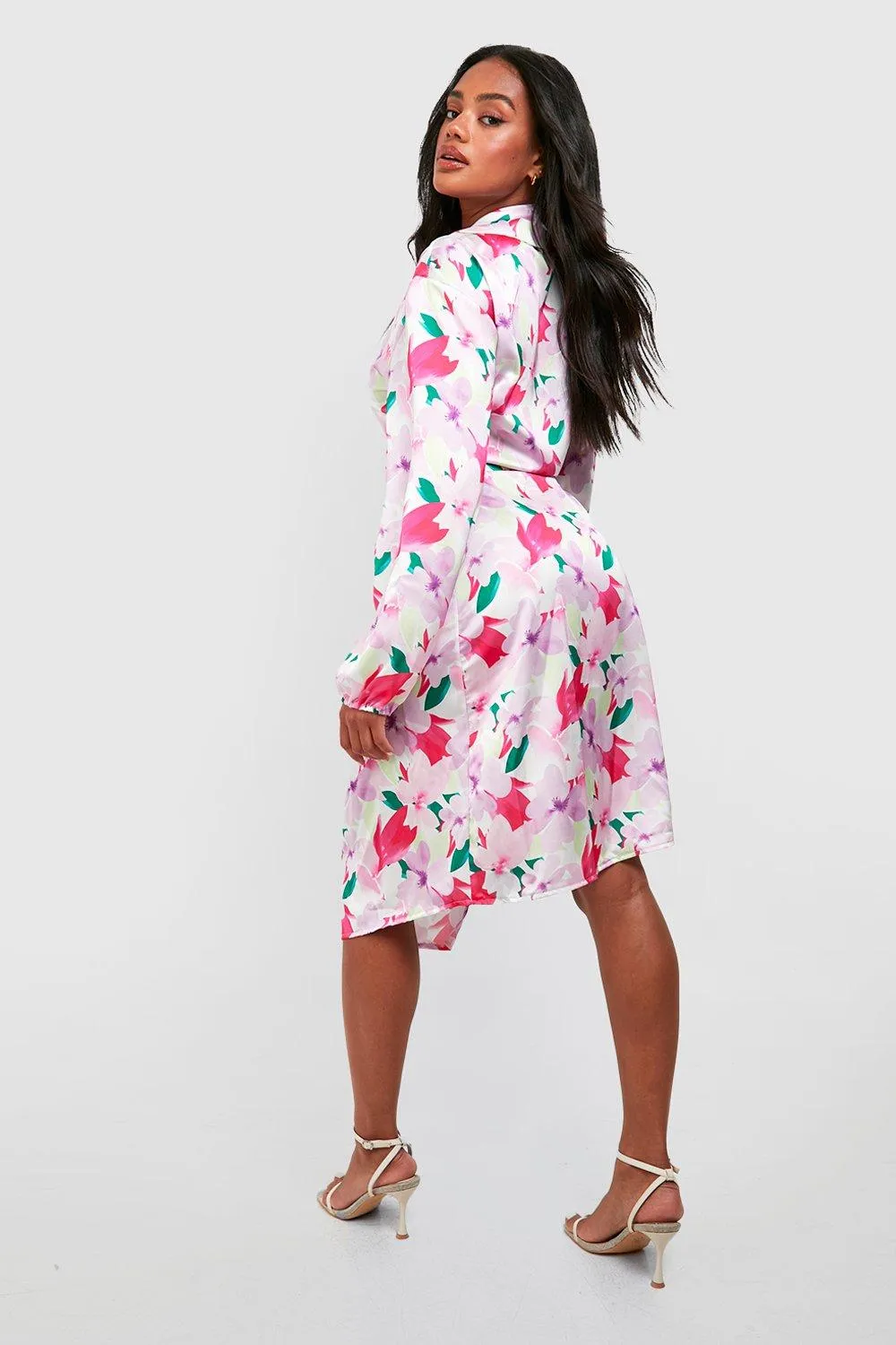 Boohoo Satin Floral Wrap Dress, Pink