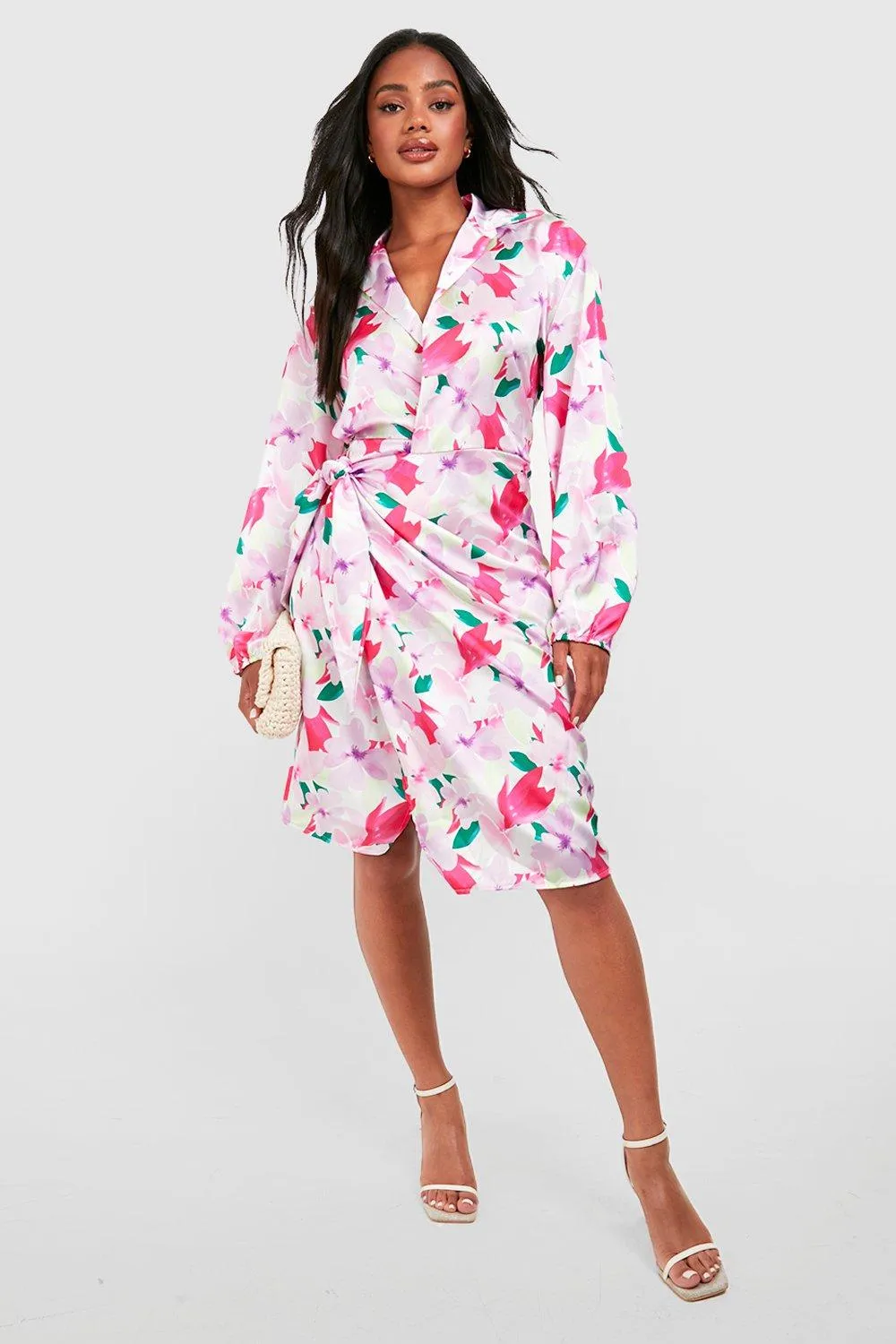 Boohoo Satin Floral Wrap Dress, Pink