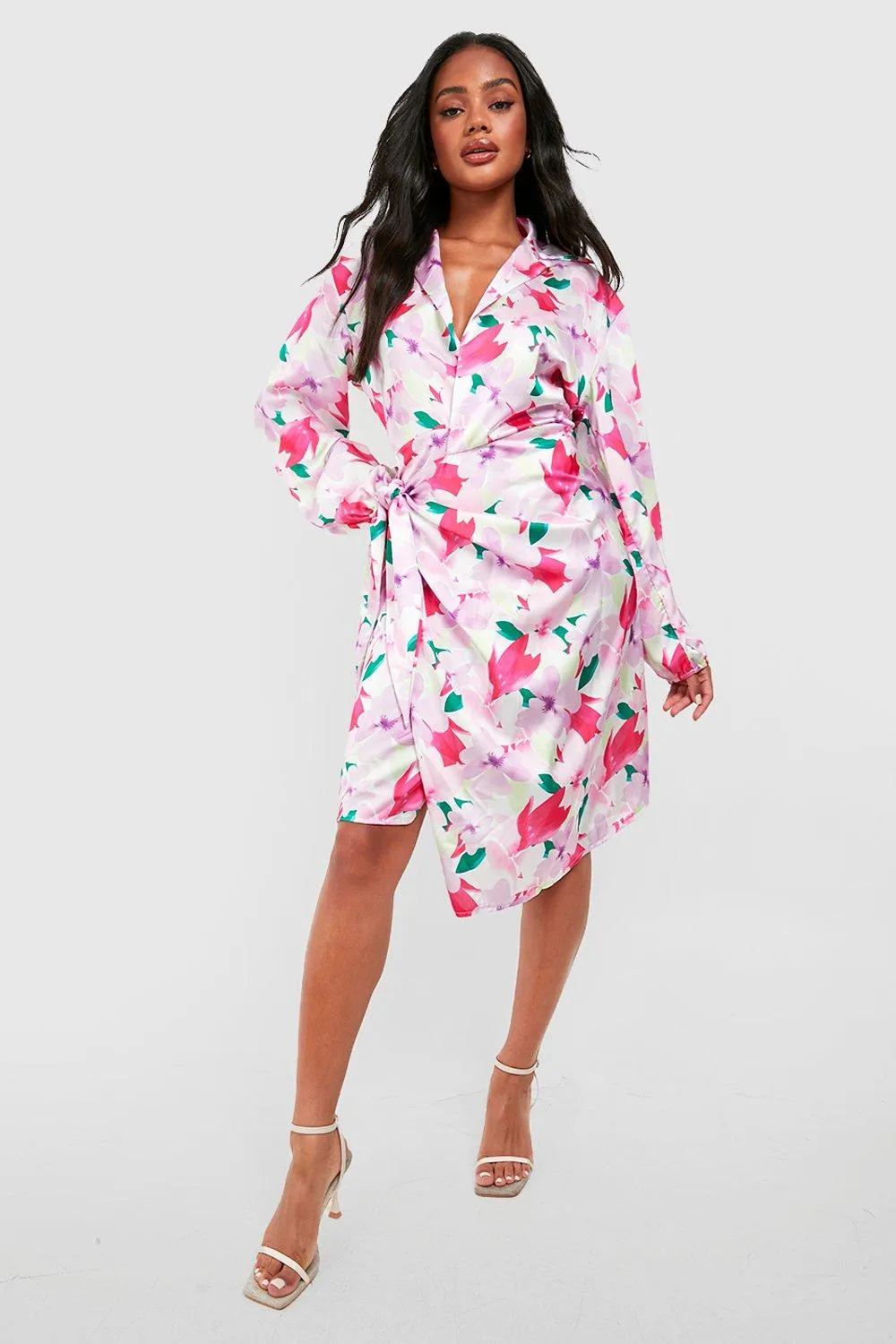 Boohoo Satin Floral Wrap Dress, Pink