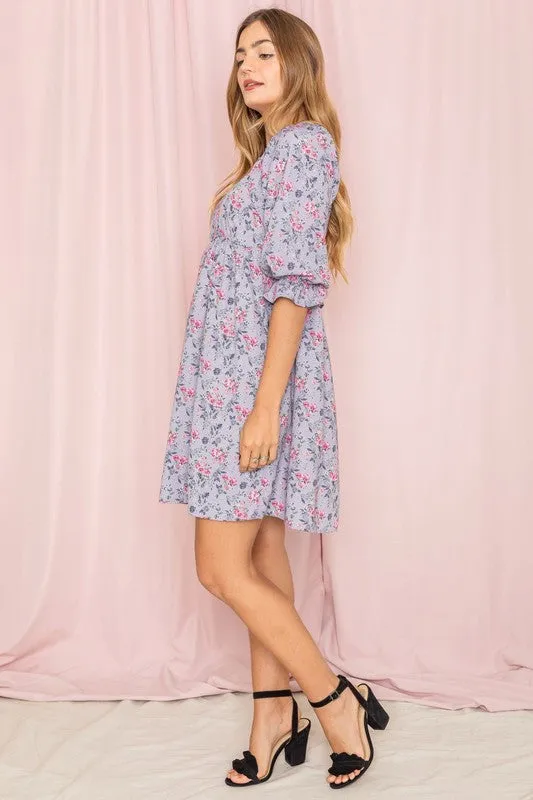 Branch Floral Squared Neck Mini Dress