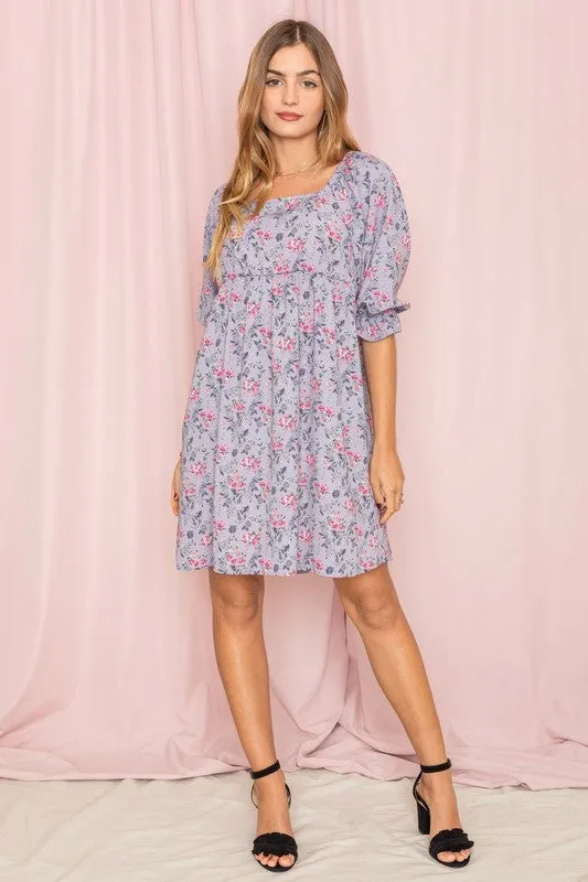 Branch Floral Squared Neck Mini Dress