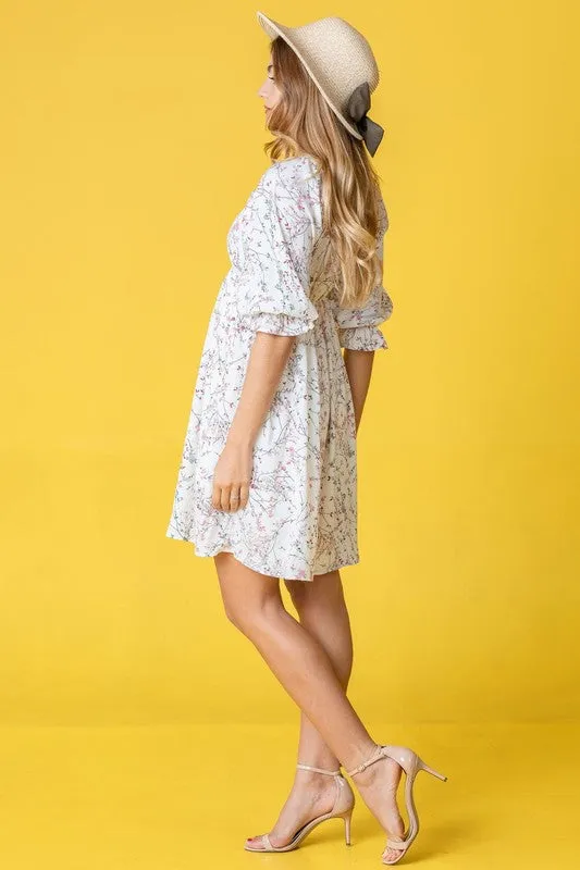 Branch Floral Squared Neck Mini Dress