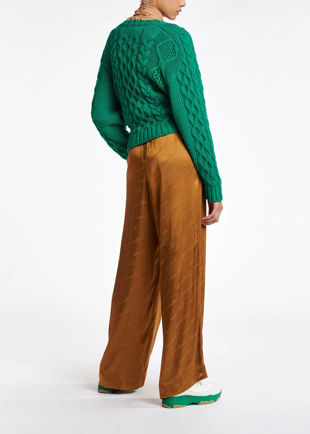 Bronze satin jacquard wide-leg pants