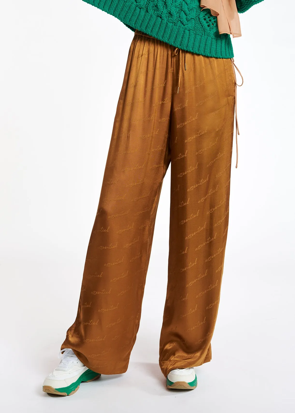 Bronze satin jacquard wide-leg pants