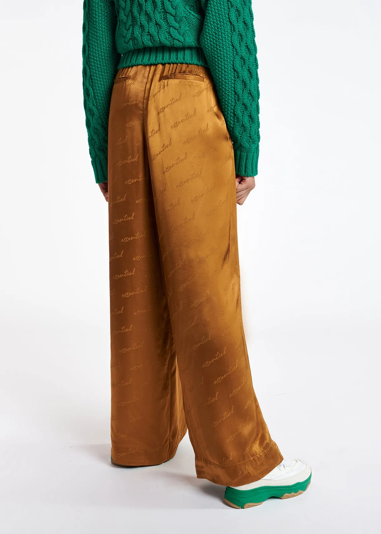 Bronze satin jacquard wide-leg pants