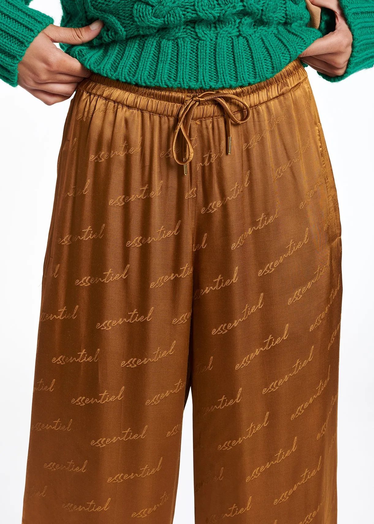 Bronze satin jacquard wide-leg pants