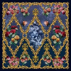 Carlos Ferdinand Pink flowers on navy with gold  CF172 90cm