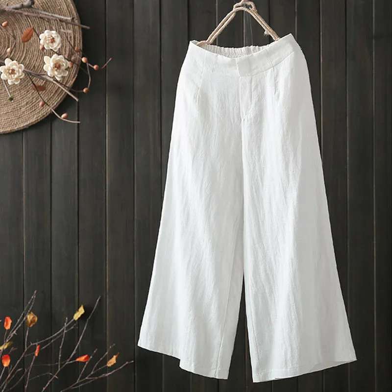 Casual Minimalist Cotton Pants Women Loose Wide Leg Pants