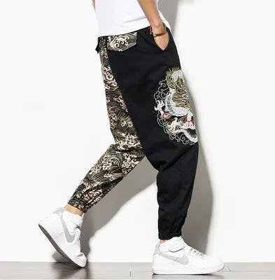 Chinese Dragon Embroidery Combination Men Jogger Pants